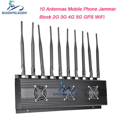 18W 출력 전력 10 안테나 휴대폰 신호 재머 (VHF UHF 4G 5G 차단용 40m 재밍 반경)