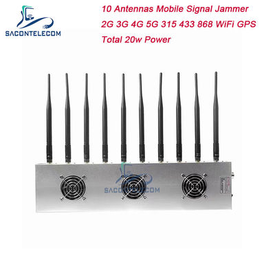 5G GPS WiFi VHF UHF용 10채널 24시간 작동 3 냉각 팬 무선 신호 재머 블로커